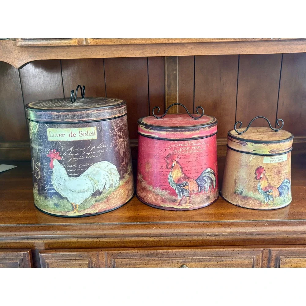 Antique Farmhouse French Country Rooster Canister Set 3 piece kitchen cookware - Picture 9 of 10